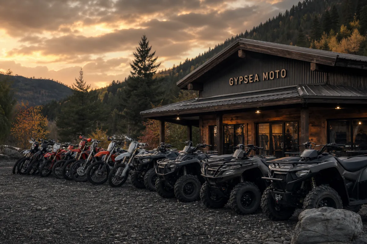 Lineup of ATVs and dirt bikes at the shop